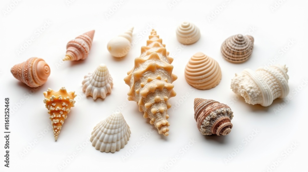 A collection of various seashells in shades of beige, brown, and white are arranged on a white background. The shells vary in size and shape, showcasing the beauty of nature's artistry. A collection of various seashells in shades of beige, brown, and white are arranged on a white background. The shells vary in size and shape, showcasing the beauty of nature's artistry.