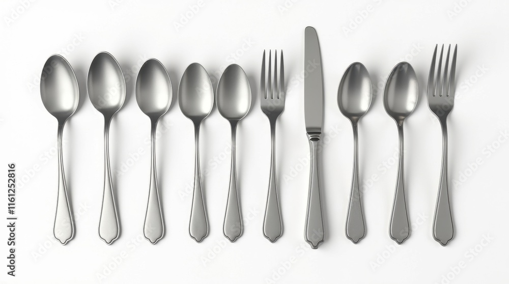Elegant silverware set against a white background. A sophisticated and clean aesthetic.