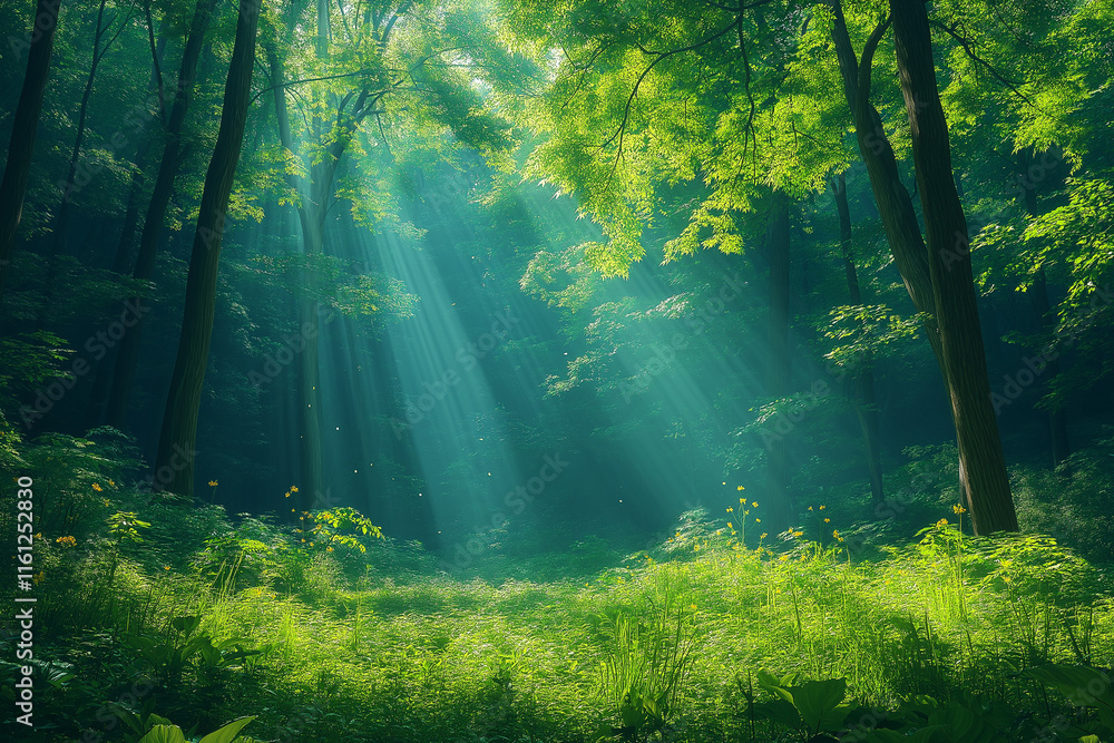 Obraz premium Photo réaliste d’une forêt dense avec de hauts arbres majestueux, où la lumière du soleil traverse le feuillage, jeux d’ombre et de lumière, atmosphère magique et sereine