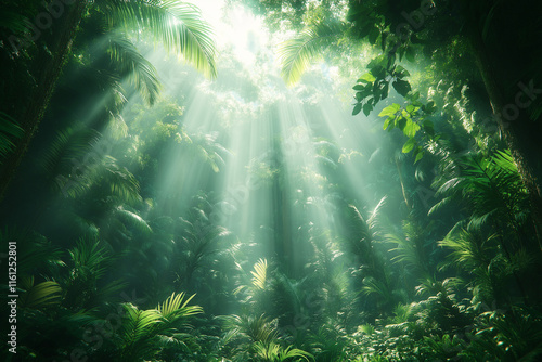 Photo réaliste d’une forêt dense avec de hauts arbres majestueux, où la lumière du soleil traverse le feuillage, jeux d’ombre et de lumière, atmosphère magique et sereine photo