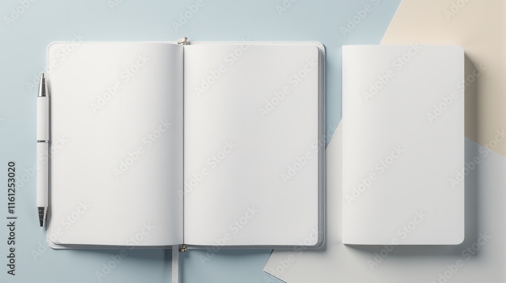 Open notebook with pastel pink and blue pages featuring a sleek black pen on a gradient background, ideal for creativity and planning Open notebook with pastel pink and blue pages featuring a sleek black pen on a gradient background, ideal for creativity and planning