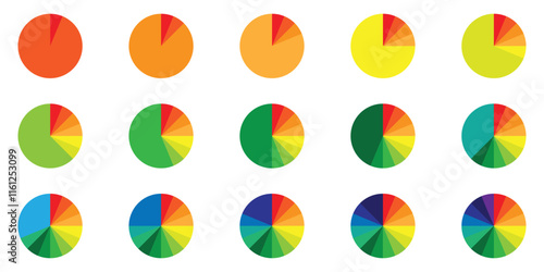 Circle pie chart icons. Pie charts diagram. Colorful diagram. Set of different color circles isolated. Pie chart for data analysis, business presentation, UI, web design.