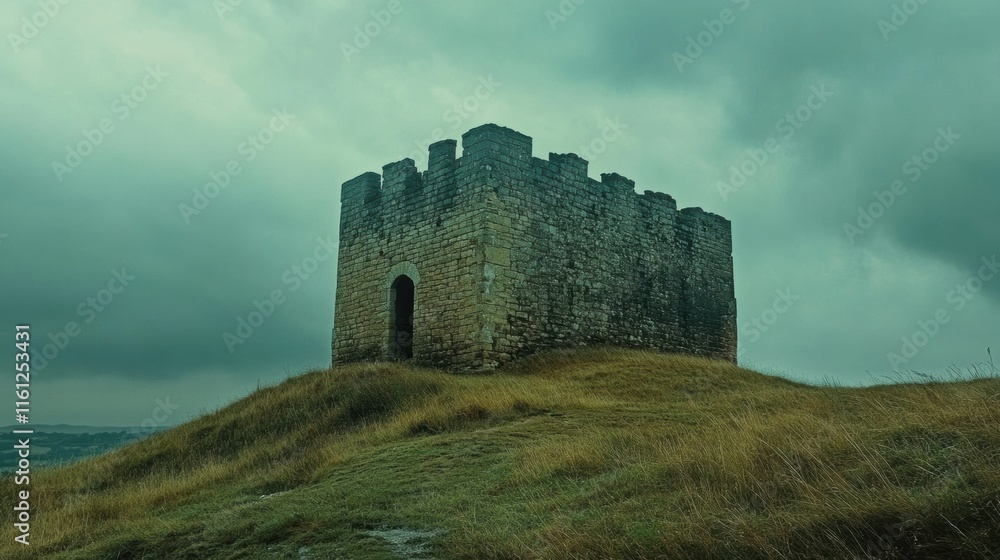 Gothic stone keep ruins on windswept hill cloudy atmosphere gigapixel image historical architecture dramatic landscape view Gothic stone keep ruins on windswept hill cloudy atmosphere gigapixel image historical architecture dramatic landscape view