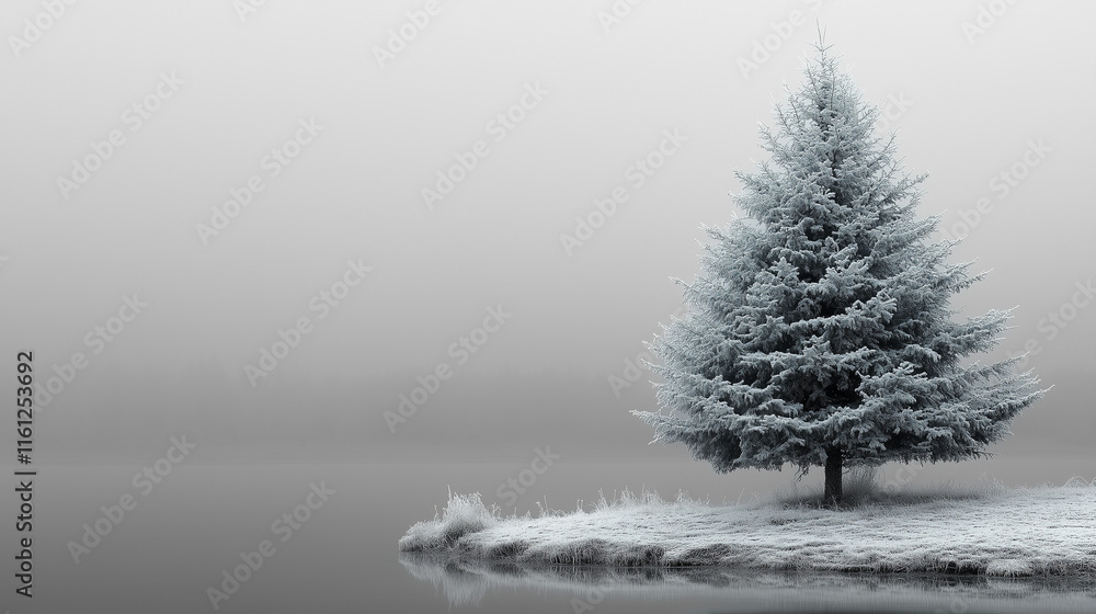 Solitary frosted fir tree by a misty lake in a tranquil winter setting
Solitary frosted fir tree by a misty lake in a tranquil winter setting