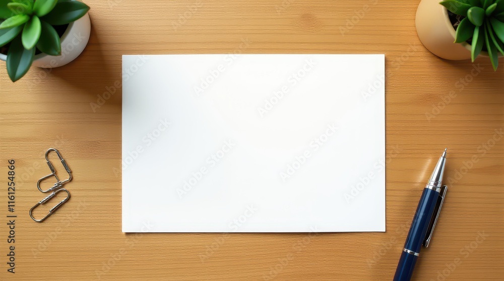Blank paper on a wooden desk surrounded by a notebook, pen, paper clips, and a potted plant, ideal for inspirational writing or creative workspace concepts Blank paper on a wooden desk surrounded by a notebook, pen, paper clips, and a potted plant, ideal for inspirational writing or creative workspace concepts