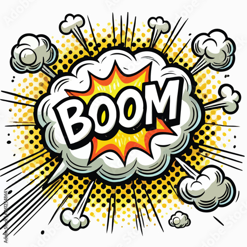 Cartoon comic sign burst cloud. Speech bubble, boom sign expression and   on a white background