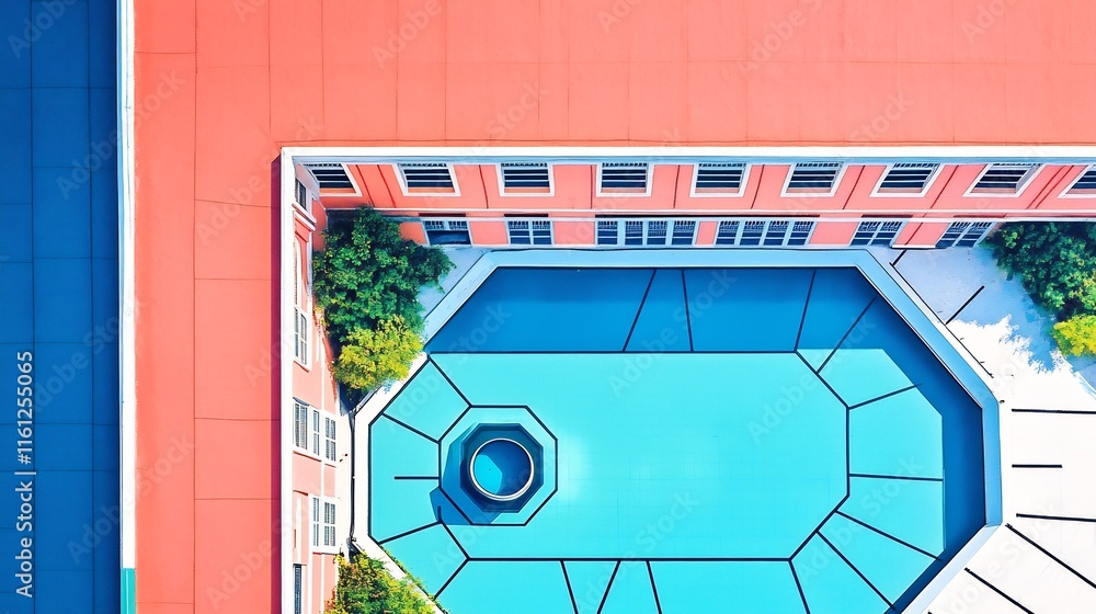 Obraz premium High-Angle Photo: Vibrantly Colored Courtyard Pool, Modern Building Rooftop View. AI Generated