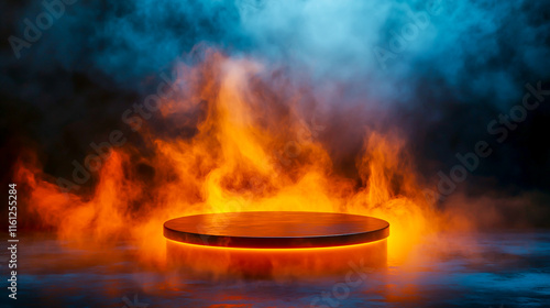 Abstract Background with Smoke Effects and Orange Water Podium for Product Presentation and Display photo