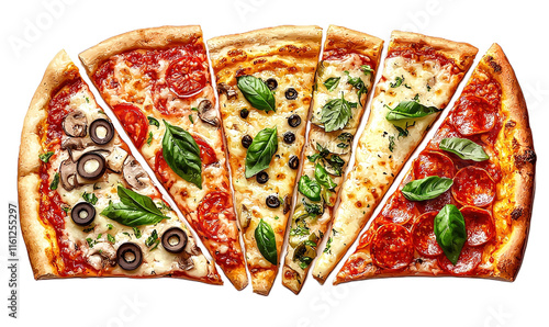 Colorful sliced pizza with various toppings on a white background showcasing a delicious assortment