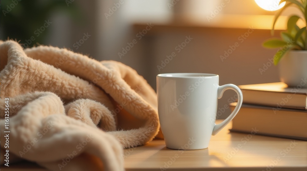 Cozy composition with a white mug, soft knitted blanket, and a bokeh-lit vase on a wooden surface, creating a warm, inviting atmosphere Cozy composition with a white mug, soft knitted blanket, and a bokeh-lit vase on a wooden surface, creating a warm, inviting atmosphere