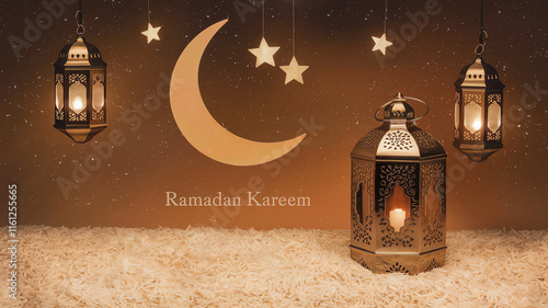 Ramadan kareem poster with lantern and crescent with stars photo