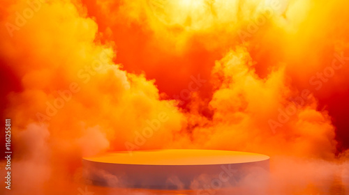 Abstract Background with Smoke Effects and Orange Water Podium for Product Presentation and Display photo