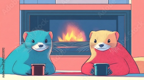 Wallpaper Mural Cozy Ferrets Enjoying Warm Drinks by Fireplace: Charming Digital Illustration. AI Generated Torontodigital.ca