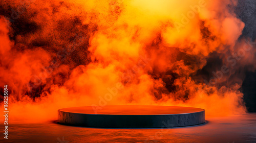 Abstract Background with Smoke Effects and Orange Water Podium for Product Presentation and Display photo