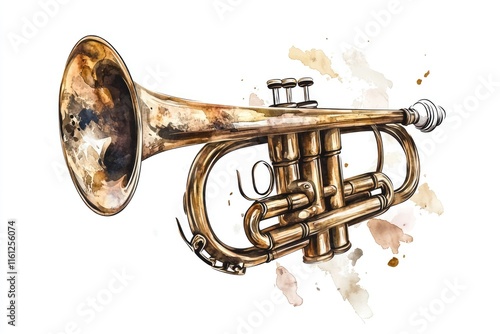 A golden trumpet sits alone on a white background, ideal for use in promotional materials or as a decorative element photo