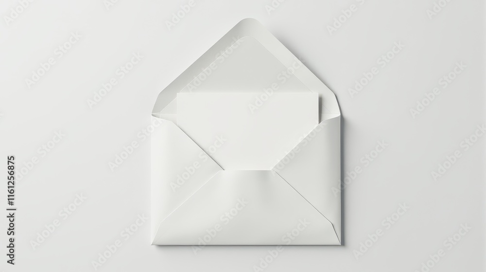 White envelope with a blank card peeking out on a clean white surface, symbolizing communication, simplicity, and minimalism White envelope with a blank card peeking out on a clean white surface, symbolizing communication, simplicity, and minimalism