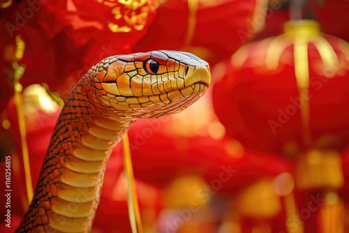 A close-up shot of a snake surrounded by red lanterns, perfect for use in scenes about mysterious or eerie atmospheres photo