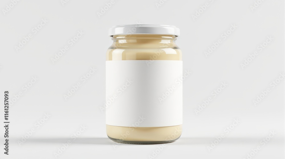 A sleek glass jar with a blank white label and metallic cap, set against a clean white background A sleek glass jar with a blank white label and metallic cap, set against a clean white background