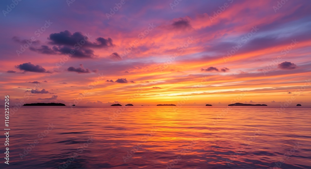 Obraz premium Vibrant serene tropical ocean sunset with warm glowing colors, concept for travel brochure, relaxation getaway and nature photography