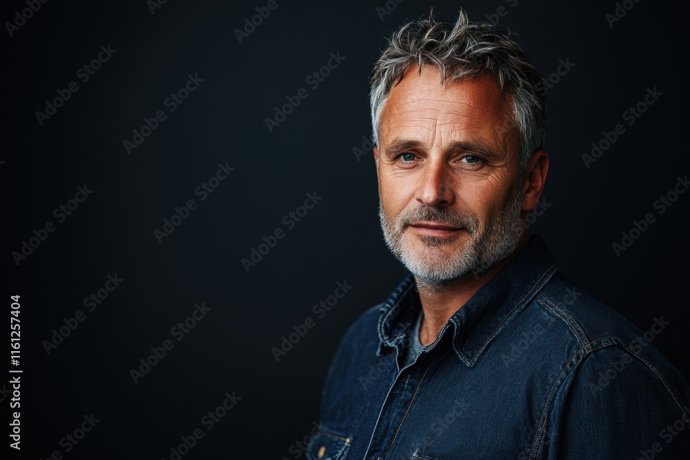 A mature man in his 40s with the first signs of crow's feet stands confidently against a dark background with dramatic lighting, his expression calm A mature man in his 40s with the first signs of crow's feet stands confidently against a dark background with dramatic lighting, his expression calm