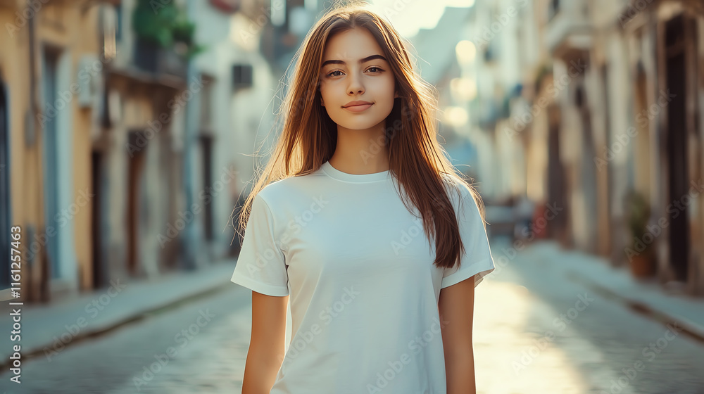 A young woman stands confidently on a sunlit street, embodying urban style and a sense of tranquility. A young woman stands confidently on a sunlit street, embodying urban style and a sense of tranquility.