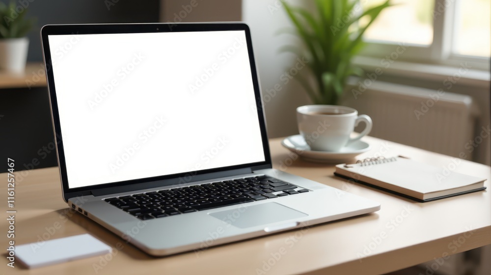 A laptop with a blank screen sits on a wooden desk beside a cup of coffee and a small notepad, with green plants in the background A laptop with a blank screen sits on a wooden desk beside a cup of coffee and a small notepad, with green plants in the background