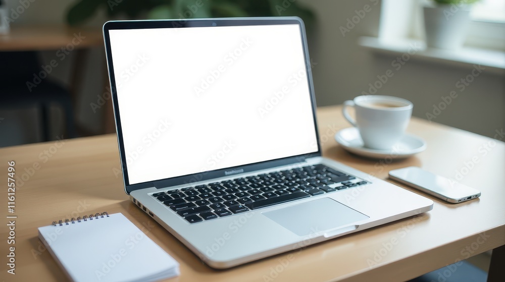 A laptop with a blank screen sits on a wooden desk beside a cup of coffee and a small notepad, with green plants in the background A laptop with a blank screen sits on a wooden desk beside a cup of coffee and a small notepad, with green plants in the background