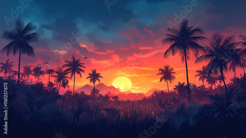 Palm tree silhouettes against a vibrant tropical sunset offering a panoramic coastal view