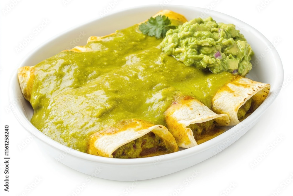 A white bowl filled with enchiladas and guacamole, perfect for a snack or appetizer A white bowl filled with enchiladas and guacamole, perfect for a snack or appetizer