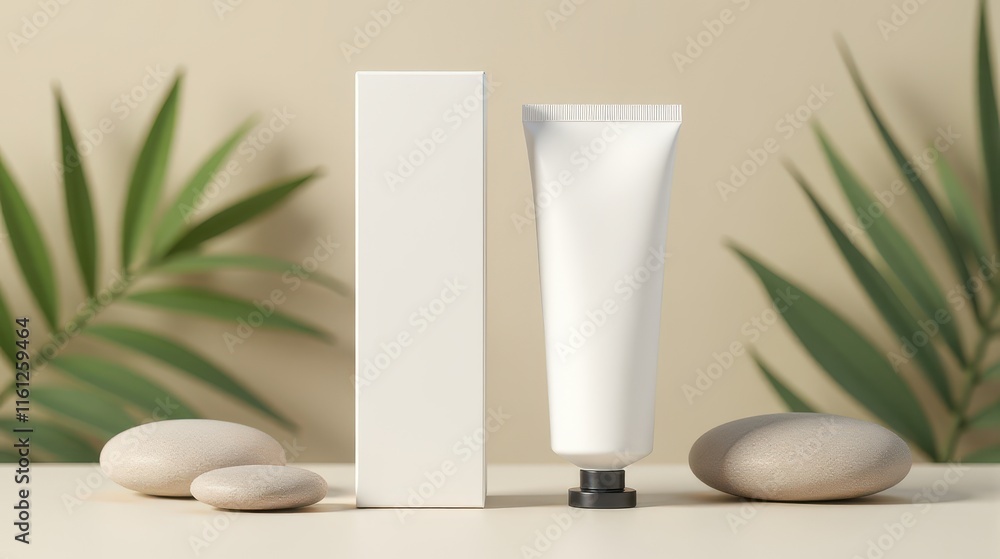 Cream tube and box on a neutral background with stones and green leaves create a natural, minimalist aesthetic Cream tube and box on a neutral background with stones and green leaves create a natural, minimalist aesthetic