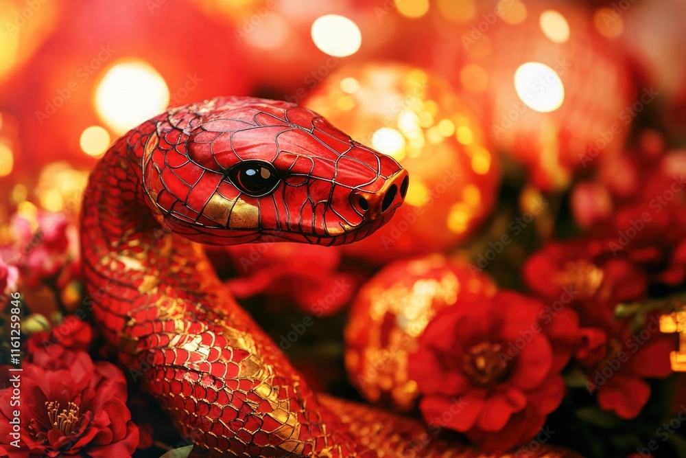 Fototapeta premium A statue of a red snake surrounded by vibrant red flowers