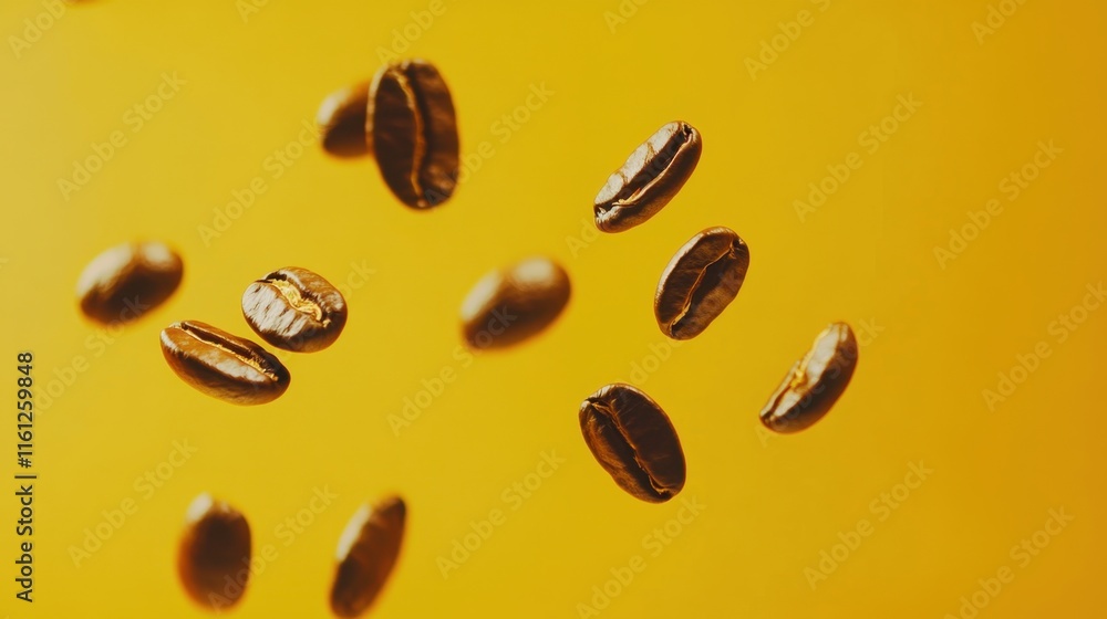Coffee beans falling in the air isolated on a white background. Coffee beans flying on yellow background isolated Coffee beans falling in the air isolated on a white background. Coffee beans flying on yellow background isolated