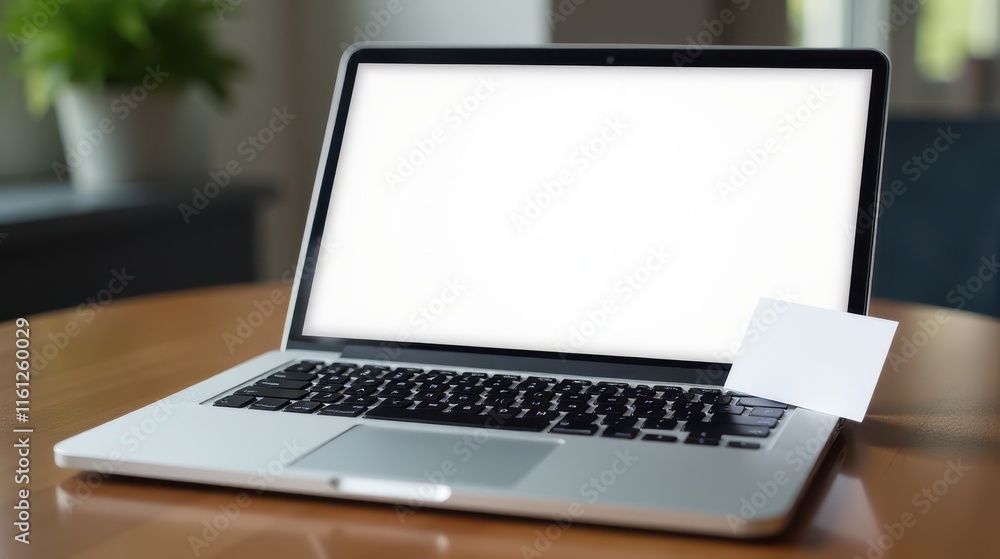 Modern laptop with a blank white screen on a wooden desk, accompanied by a small card, next to a plant, creating a minimalistic workspace setting Modern laptop with a blank white screen on a wooden desk, accompanied by a small card, next to a plant, creating a minimalistic workspace setting