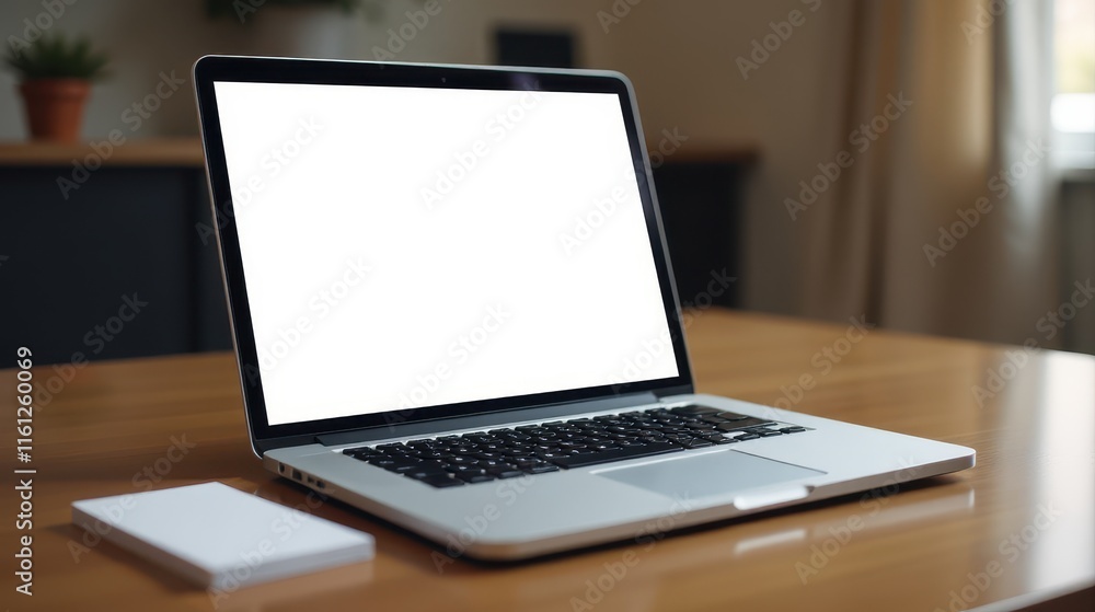 Modern laptop with a blank white screen on a wooden desk, accompanied by a small card, next to a plant, creating a minimalistic workspace setting Modern laptop with a blank white screen on a wooden desk, accompanied by a small card, next to a plant, creating a minimalistic workspace setting