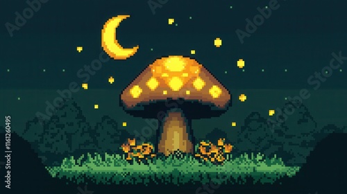 A playful 8-bit pixel art of a glowing pixelated fairy ring made of sparkling mushrooms, surrounded by glowing flowers, pixelated pixie dust swirling in the air, and a glowing crescent moon 
