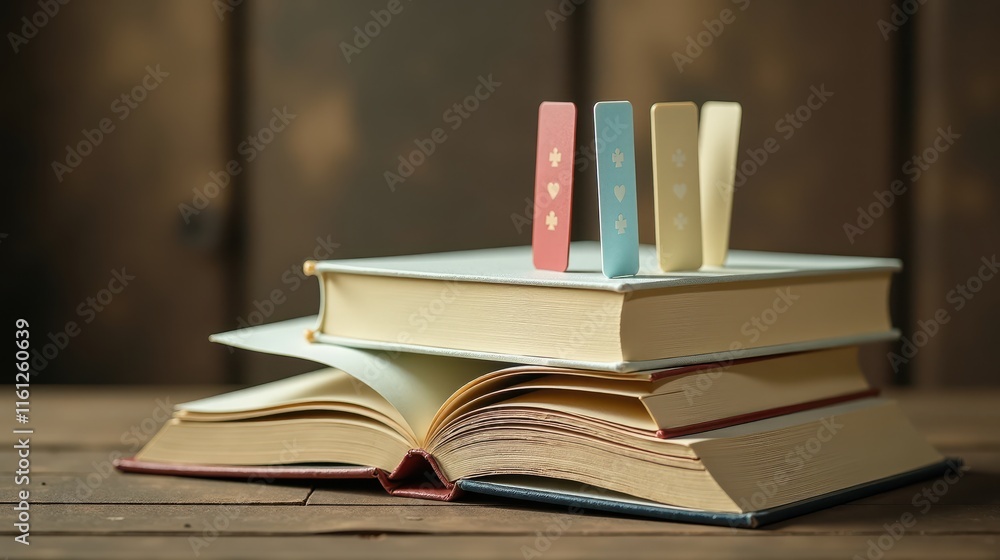 Stacked hardcover books with colorful bookmarks on a wooden desk, evoking a sense of study, reading, and organization in a cozy atmosphere Stacked hardcover books with colorful bookmarks on a wooden desk, evoking a sense of study, reading, and organization in a cozy atmosphere
