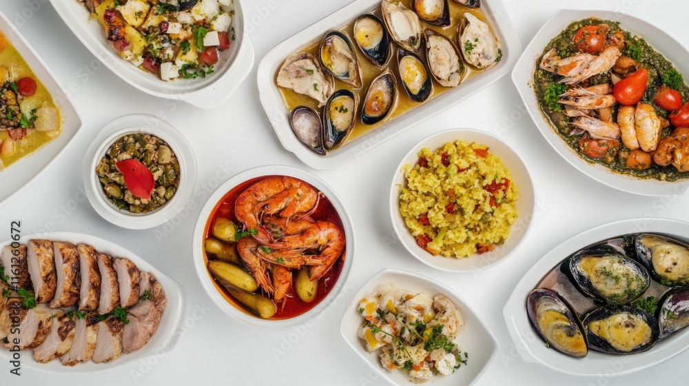 A white table set with diverse food items, ideal for showcasing culinary diversity A white table set with diverse food items, ideal for showcasing culinary diversity