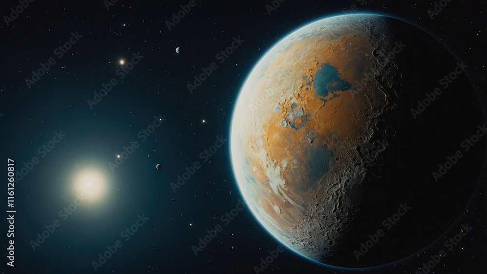 Naklejka premium space, planet, earth, star, universe, astronomy, galaxy, sun, moon, stars, sky, night, cosmos, light, science, world, globe, sphere, solar, outer, illustration, nebula, fantasy, atmosphere, orbit