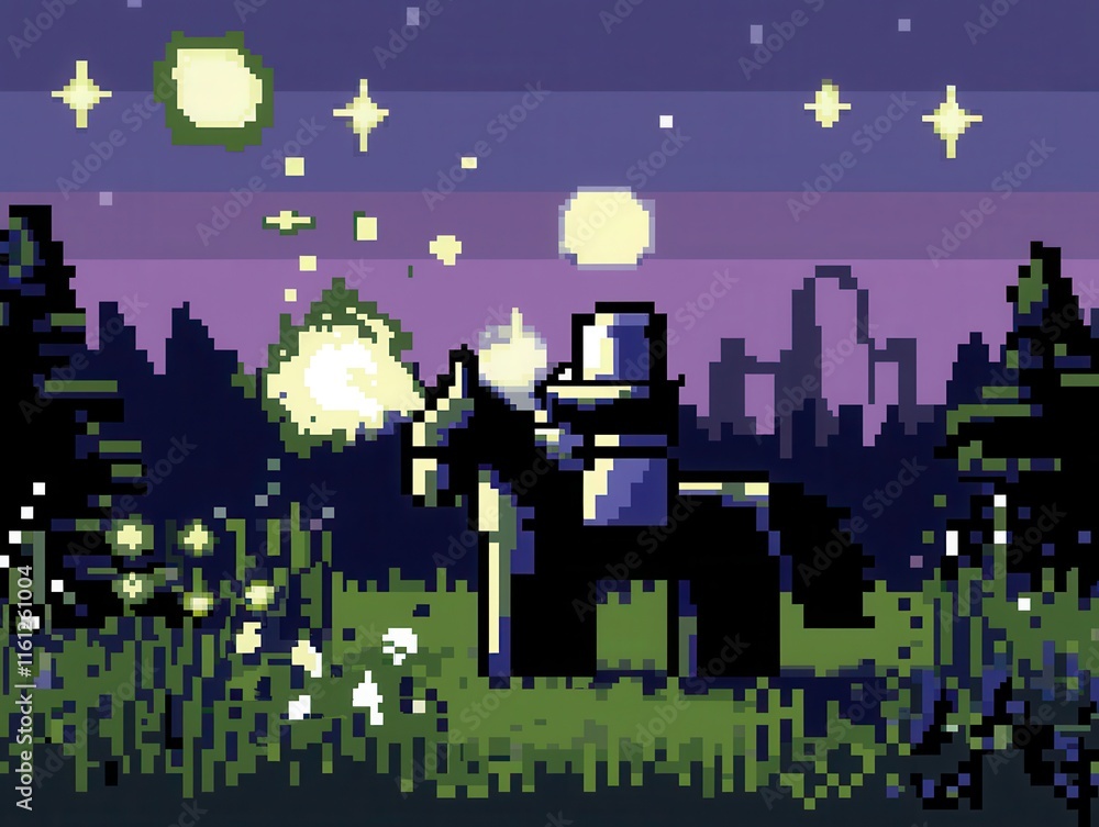 Fototapeta premium A playful 8-bit pixel art of a glowing pixelated knight riding a glowing steed across a pixelated meadow, surrounded by tiny pixelated flowers and sparkling stars, with a glowing castle in the 