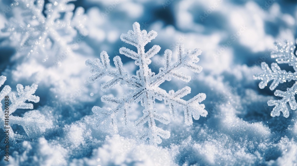 A detailed view of individual snowflakes on the ground, perfect for winter or nature-themed designs A detailed view of individual snowflakes on the ground, perfect for winter or nature-themed designs