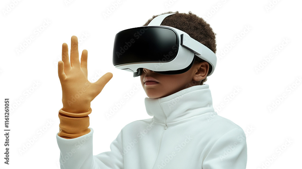 Child engages with futuristic virtual reality technology while wearing a VR headset and gloves in a creative environment