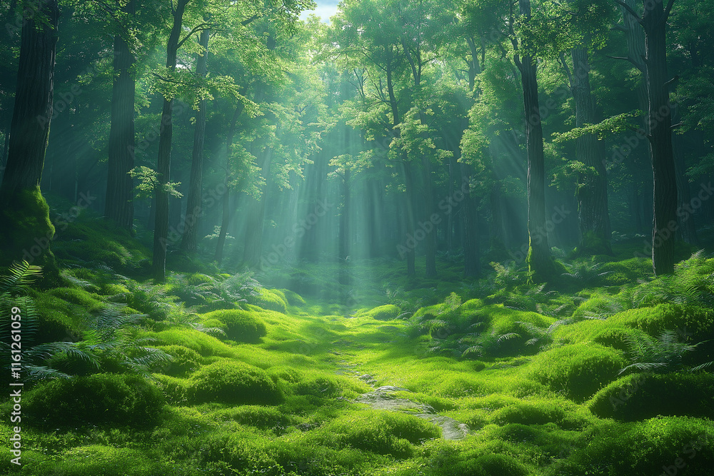 Fototapeta premium Photo réaliste d’une forêt verdoyante, où des rayons de soleil filtrent à travers la canopée épaisse et illuminent un chemin sinueux recouvert de mousse, créant une ambiance paisible et naturelle