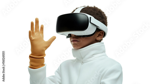 Obraz na płótnie Child engages with futuristic virtual reality technology while wearing a VR headset and gloves in a creative environment w salonie