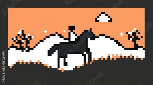 A playful 8-bit pixel art of a glowing pixelated prince on a glowing horse riding through pixelated rolling hills, with sparkling flowers and glowing trees dotting the landscape under a pastel  photo