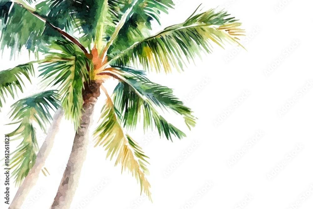 Naklejka premium Watercolor painting of a palm tree with lush green leaves and trunk