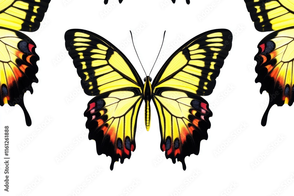 Fototapeta premium A group of colorful butterflies sit on a white surface, creating a beautiful composition