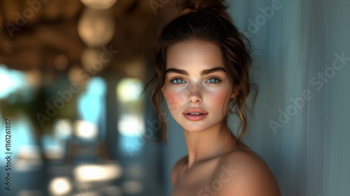 portrait of a beautiful woman with messy updo brown hair, radiant skin, and blue eyes, posed in soft natural light against a blurred background, ideal for travel, beauty and fashion marketing. Free Download portrait of a beautiful woman with messy updo brown hair, radiant skin, and blue eyes, posed in soft natural light against a blurred background, ideal for travel, beauty and fashion marketing. - GFXLoad