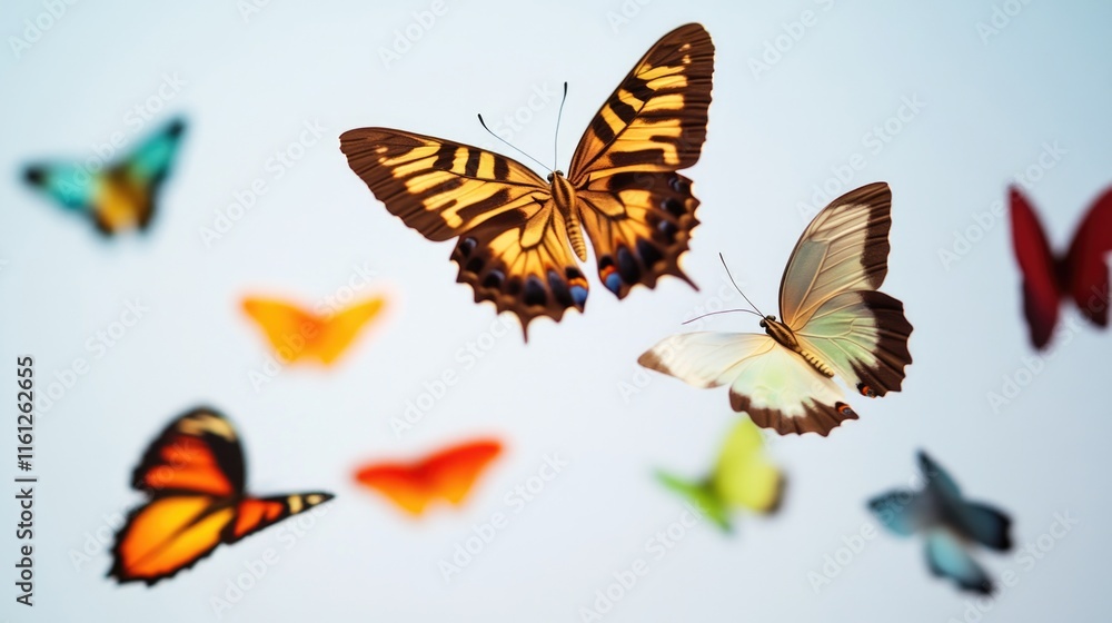 A group of colorful butterflies flying through the air, great for nature or wildlife illustrations A group of colorful butterflies flying through the air, great for nature or wildlife illustrations