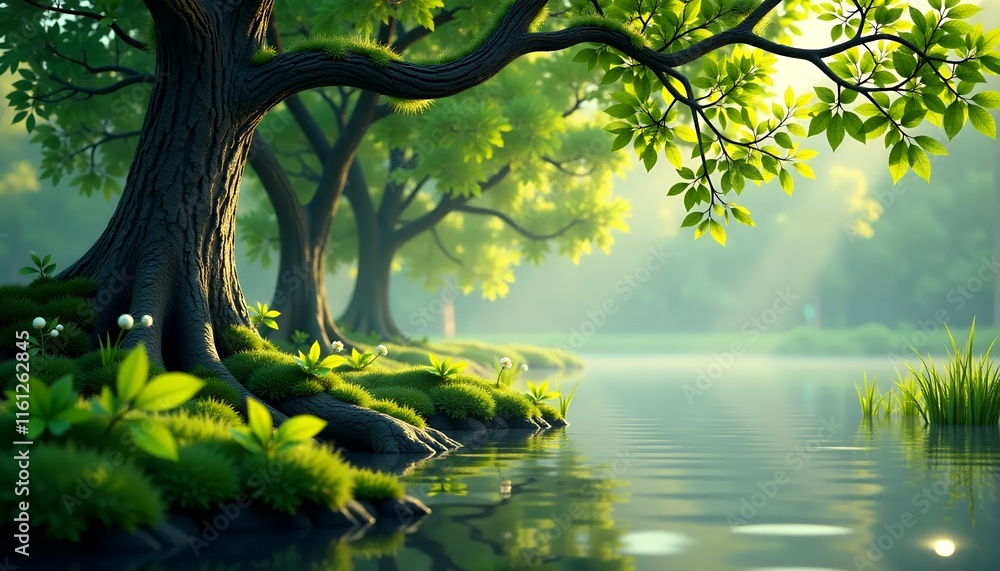 Lush Green Trees, Calm Lake, Serene Nature Scene Lush Green Trees, Calm Lake, Serene Nature Scene