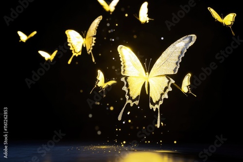 A group of yellow butterflies flying in mid-air photo